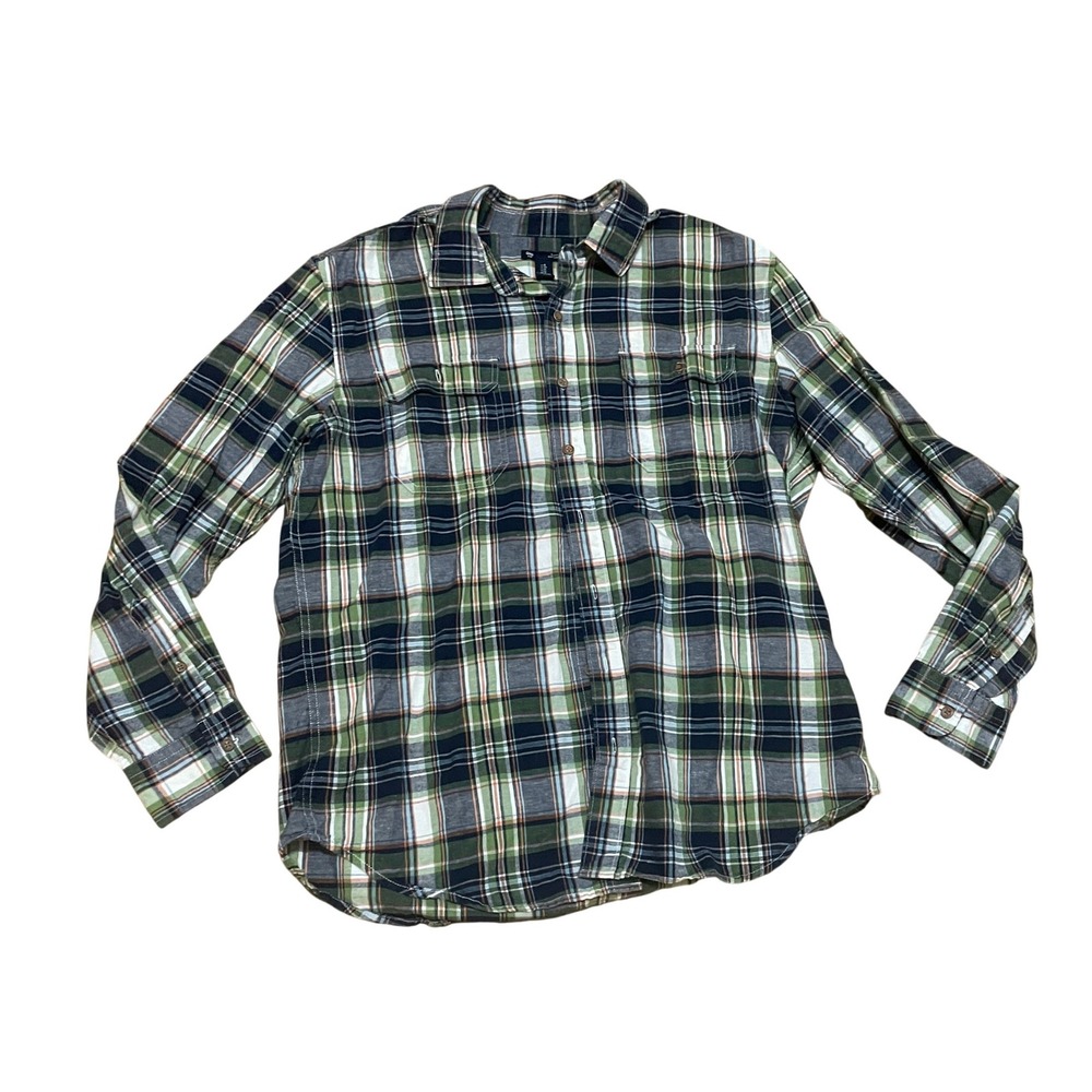 Gap Men's XL Havana Linen Cotton Plaid Shirt Slim Fit Green Navy Blend Button Up